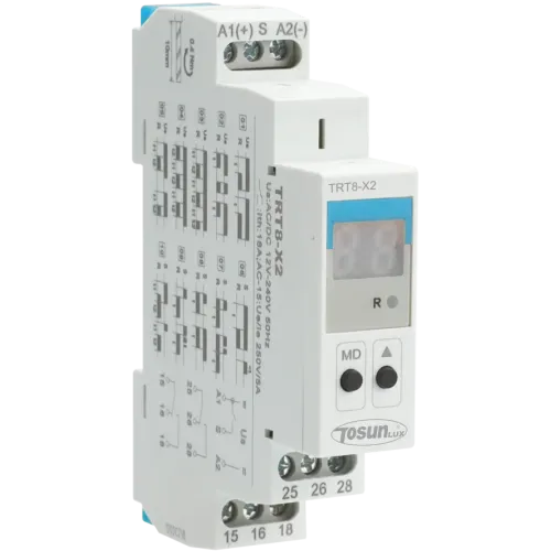Багатофункціональне реле часу з індикацією TRT8-X2/A230, 16А, АС230, 20 режимів затримки, 2SPDT Багатофункціональне реле часу з індикацією TRT8-X2/A230, 16А, АС230, 20 режимів затримки, 2SPDT