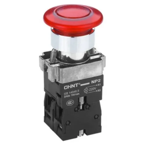 Кнопка "Грибок" d40мм с самовозвратом NP2-BW4462 с подсветкой красная 1NC IP40 Кнопка "Грибок" d40мм с самовозвратом NP2-BW4462 с подсветкой красная 1NC IP40