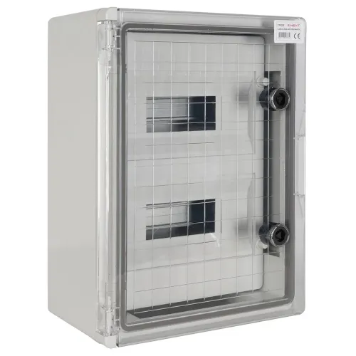 Корпус удароміцний з АБС-пластика e.plbox.300.400.165.24m.tr, 300х400х165мм, IP65 з прозорими дверцятами та панеллю під 24 модулі Корпус удароміцний з АБС-пластика e.plbox.300.400.165.24m.tr, 300х400х165мм, IP65 з прозорими дверцятами та панеллю під 24 модулі