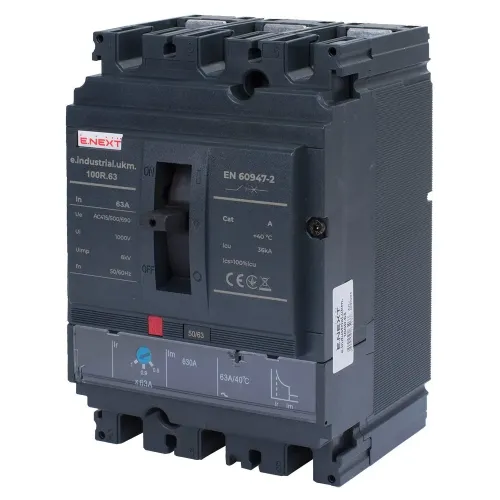 Силовой автоматический выключатель e.industrial.ukm.100R.63 с регулировкой, 3р, 63А Силовой автоматический выключатель e.industrial.ukm.100R.63 с регулировкой, 3р, 63А