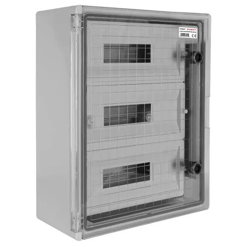 Корпус ударопрочный из АБС-пластика e.plbox.350.500.195.45m.tr, 350х500х195мм, IP65 с прозрачными дверцами и панелью под 45 модулей Корпус ударопрочный из АБС-пластика e.plbox.350.500.195.45m.tr, 350х500х195мм, IP65 с прозрачными дверцами и панелью под 45 модулей