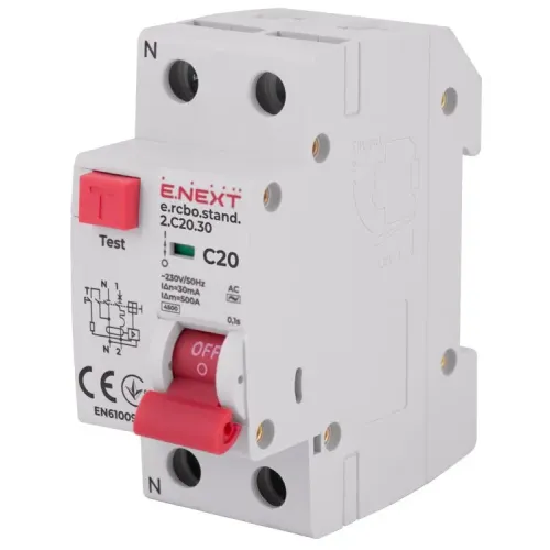 Выключатель дифференциального тока с защитой от сверхтоков e.rcbo.stand.2.C20.30, 1P+N, 20А, С, 30мА Выключатель дифференциального тока с защитой от сверхтоков e.rcbo.stand.2.C20.30, 1P+N, 20А, С, 30мА