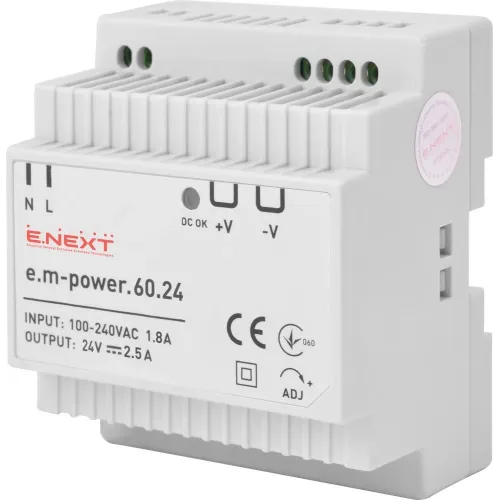 Блок питания на DIN-рельсе e.m-power.60.24 60Вт, DC24В Блок питания на DIN-рельсе e.m-power.60.24 60Вт, DC24В