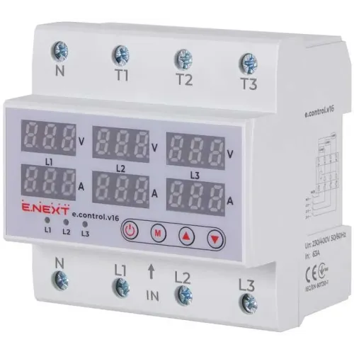 Реле контроля напряжения и тока трехфазное 63А с индикацией e.control.v16 Реле контроля напряжения и тока трехфазное 63А с индикацией e.control.v16