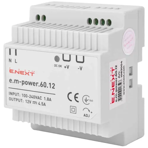 Блок питания на DIN-рельсе e.m-power.60.12 60Вт, DC12В Блок питания на DIN-рельсе e.m-power.60.12 60Вт, DC12В
