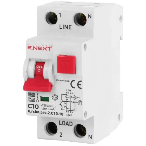 Вимикач диференційного струму з захистом від надструмів e.rcbo.pro.2.C10.10, 1P+N, 10А, С, тип А, 10мА Вимикач диференційного струму з захистом від надструмів e.rcbo.pro.2.C10.10, 1P+N, 10А, С, тип А, 10мА