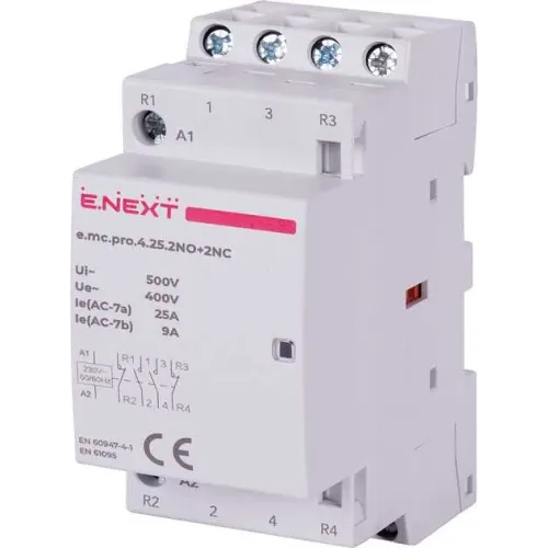Модульный контактор e.mc.pro.4.25.2NO+2NC, 4р, 25А, 2NO+2NC, 220В Модульный контактор e.mc.pro.4.25.2NO+2NC, 4р, 25А, 2NO+2NC, 220В