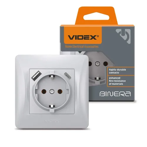 Розетка одинарна із заземленням з USB+USB-C срібний шовк VIDEX BINERA Розетка одинарна із заземленням з USB+USB-C срібний шовк VIDEX BINERA