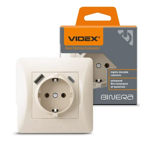 Розетка одинарная с заземлением с USB+USB-C кремовая VIDEX BINERA Розетка одинарная с заземлением с USB+USB-C кремовая VIDEX BINERA