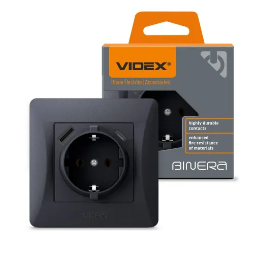 Розетка одинарна із заземленням з USB+USB-C чорний графіт VIDEX BINERA Розетка одинарна із заземленням з USB+USB-C чорний графіт VIDEX BINERA