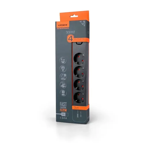 Мережевий подовжувач VIDEX ONCORD з/з 4п 3м (3x1.5мм) 3.4А USB(QC3.0) +USB-C(PD20W) з кнопкою Black Мережевий подовжувач VIDEX ONCORD з/з 4п 3м (3x1.5мм) 3.4А USB(QC3.0) +USB-C(PD20W) з кнопкою Black