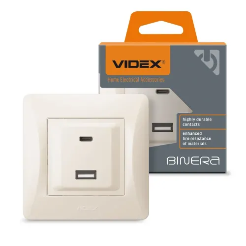 Розетка USB-A + USB-C PD20W кремова VIDEX BINERA Розетка USB-A + USB-C PD20W кремова VIDEX BINERA