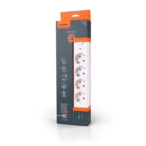 Сетевой удлинитель VIDEX ONCORD с/с 4п 3м (3x1.5мм) 3.4А USB(QC3.0) +USB-C (PD20W) с кнопкой White Сетевой удлинитель VIDEX ONCORD с/с 4п 3м (3x1.5мм) 3.4А USB(QC3.0) +USB-C (PD20W) с кнопкой White