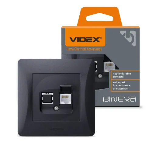 Розетка CAT6 одинарна комп'ютерна чорний графіт VIDEX BINERA Розетка CAT6 одинарна комп'ютерна чорний графіт VIDEX BINERA