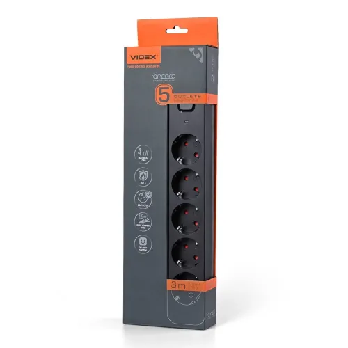 Мережевий подовжувач VIDEX ONCORD з/з 5п 3м (3x1.5мм) з кнопкою Black Мережевий подовжувач VIDEX ONCORD з/з 5п 3м (3x1.5мм) з кнопкою Black