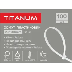 Хомут пластиковий 2.5x200мм 100шт УФ PA6.6 білий (TF-PH2520-W) TITANUM Хомут пластиковий 2.5x200мм 100шт УФ PA6.6 білий (TF-PH2520-W) TITANUM