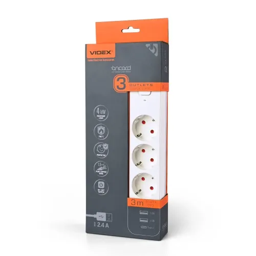 Мережевий подовжувач VIDEX ONCORD з/з 3п 3м (3x1.5мм) 2.4А 2USB+USB-C з кнопкою White Мережевий подовжувач VIDEX ONCORD з/з 3п 3м (3x1.5мм) 2.4А 2USB+USB-C з кнопкою White