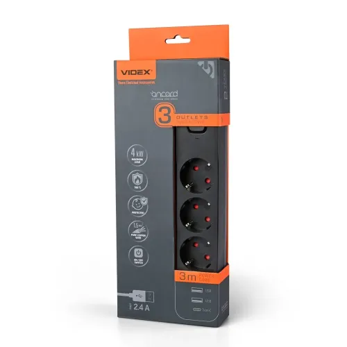 Сетевой удлинитель VIDEX ONCORD с/с 3п 3м (3x1.5мм) 2.4А 2USB+USB-C с кнопкой Black Сетевой удлинитель VIDEX ONCORD с/с 3п 3м (3x1.5мм) 2.4А 2USB+USB-C с кнопкой Black