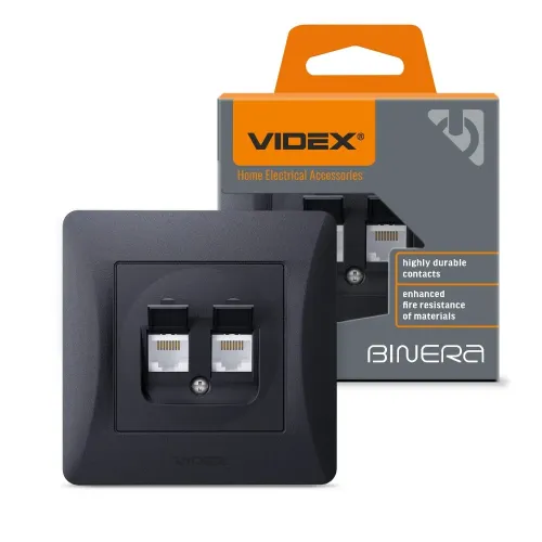 Розетка CAT6+CAT6 компьютерная двойная черный графит VIDEX BINERA Розетка CAT6+CAT6 компьютерная двойная черный графит VIDEX BINERA