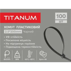Хомут пластиковий 2.5x200мм 100шт УФ PA6.6 чорний (TF-PH2520-B) TITANUM Хомут пластиковий 2.5x200мм 100шт УФ PA6.6 чорний (TF-PH2520-B) TITANUM