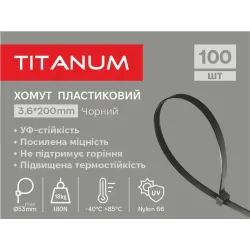 Хомут пластиковий 3.6x200мм 100шт УФ PA6.6 чорний (TF-PH3620-B) TITANUM Хомут пластиковий 3.6x200мм 100шт УФ PA6.6 чорний (TF-PH3620-B) TITANUM
