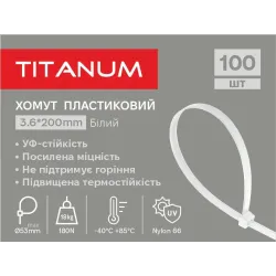 Хомут пластиковий 3.6x200мм 100шт УФ PA6.6 білий (TF-PH3620-W) TITANUM Хомут пластиковий 3.6x200мм 100шт УФ PA6.6 білий (TF-PH3620-W) TITANUM
