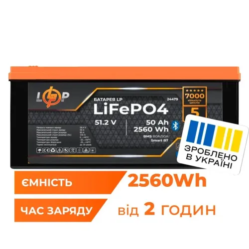 Акумулятор LP LiFePO4 51,2V - 50 Ah (2560Wh) (BMS 80A/50А) пластик Smart BT Акумулятор LP LiFePO4 51,2V - 50 Ah (2560Wh) (BMS 80A/50А) пластик Smart BT