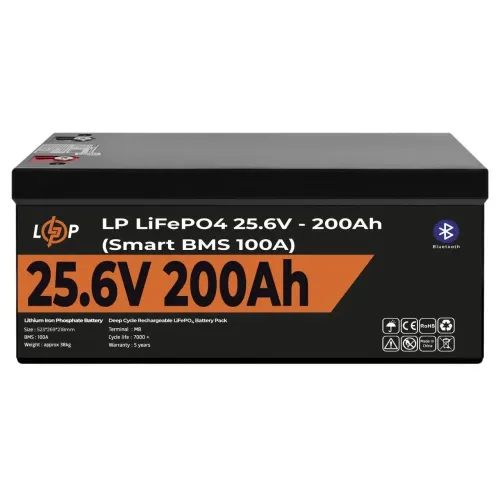 Аккумулятор LP LiFePO4 24V (25,6V) - 200 Ah (5120Wh) (Smart BMS 100А) с BT пластиком Аккумулятор LP LiFePO4 24V (25,6V) - 200 Ah (5120Wh) (Smart BMS 100А) с BT пластиком