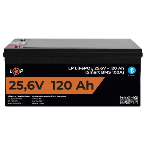 Аккумулятор LP LiFePO4 25,6V - 120 Ah (3072Wh) (Smart BMS 100А) с пластиком BT для ИБП Аккумулятор LP LiFePO4 25,6V - 120 Ah (3072Wh) (Smart BMS 100А) с пластиком BT для ИБП