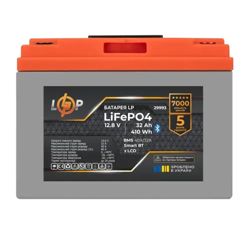 Батарея LP LiFePO4 12,8V - 32 Ah (410Wh) (BMS 40А/32A) пластик LCD Smart BT Батарея LP LiFePO4 12,8V - 32 Ah (410Wh) (BMS 40А/32A) пластик LCD Smart BT