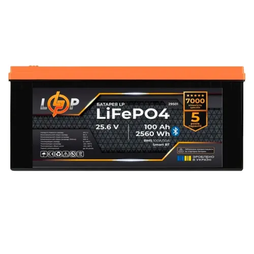 Аккумулятор LP LiFePO4 25,6V - 100 Ah (2560Wh) (BMS 100A/50А) пластик Smart BT Аккумулятор LP LiFePO4 25,6V - 100 Ah (2560Wh) (BMS 100A/50А) пластик Smart BT