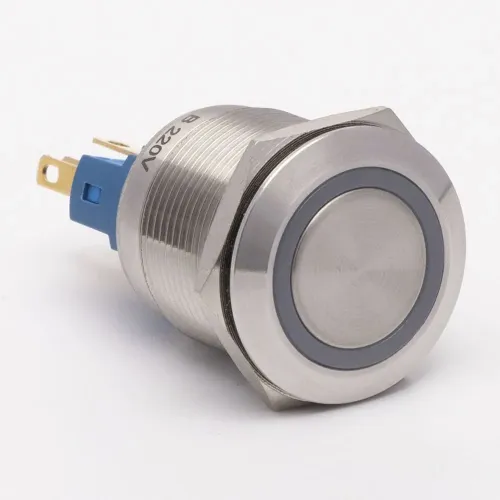 Кнопка металева КНМ-22-FJ-E 220V 1NO1NC плоска, блакитний TAKEL Кнопка металева КНМ-22-FJ-E 220V 1NO1NC плоска, блакитний TAKEL