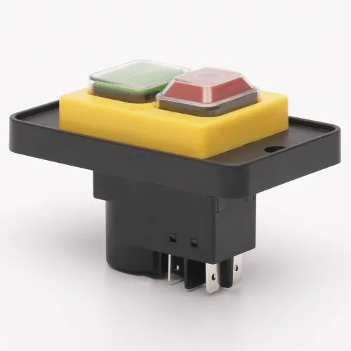 Пусковая электромагнитная кнопка ESSB-121YC 4pin на панели, желтая рамка Пусковая электромагнитная кнопка ESSB-121YC 4pin на панели, желтая рамка