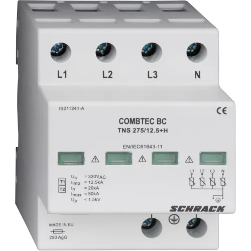 Пристрій захисту від імпульсних перенапруг (ПЗІП) Combtec клас B+C 4P TNS 12.5кА 275В АС Пристрій захисту від імпульсних перенапруг (ПЗІП) Combtec клас B+C 4P TNS 12.5кА 275В АС