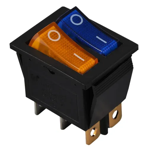 KCD2-2101N BL+YL/B 220V Перемикач 2 клав. жовтий+синій з підсвічуванням KCD2-2101N BL+YL/B 220V Перемикач 2 клав. жовтий+синій з підсвічуванням