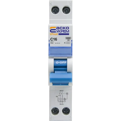 Устройство защитного отключения с защитой от сверхтоков UTrust 1P+N (18 mm) 16А C 30mА A Устройство защитного отключения с защитой от сверхтоков UTrust 1P+N (18 mm) 16А C 30mА A
