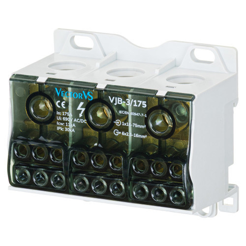 Розподільчий блок VJB-3/175 на DIN-рейку, 175А, вх.: 1х16-70мм², вих.: 6х2.5-16мм² Розподільчий блок VJB-3/175 на DIN-рейку, 175А, вх.: 1х16-70мм², вих.: 6х2.5-16мм²