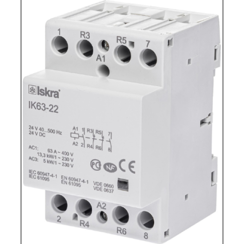 Модульний контактор ISKRA IKA 63A 24V AC/DC 2NO+2NC Модульний контактор ISKRA IKA 63A 24V AC/DC 2NO+2NC